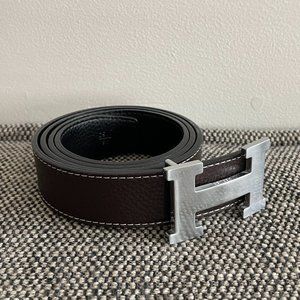 Hermes Silver Buckle Black Leather Belt 34 waist